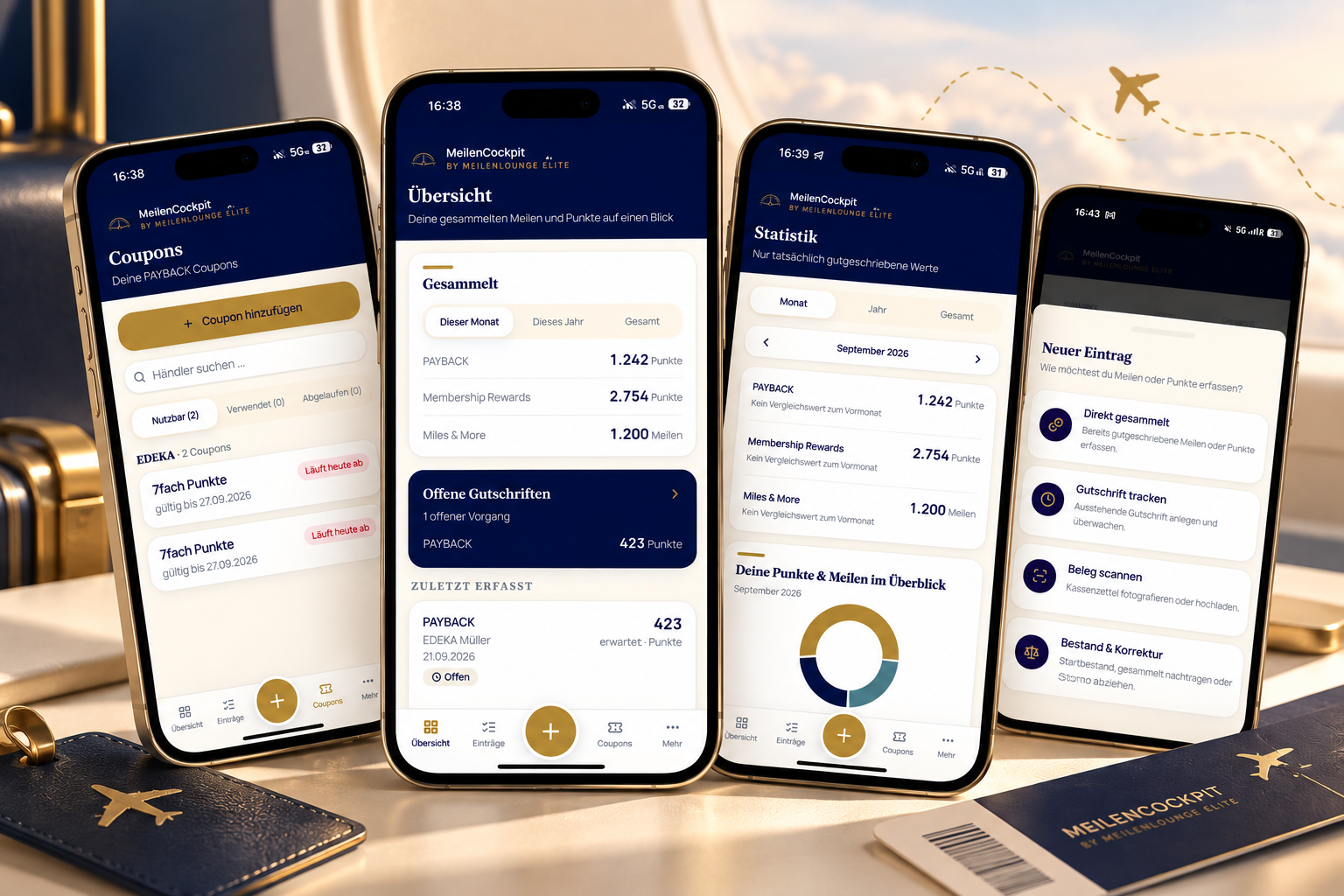 MeilenCockpit App mit vier Smartphone-Screens